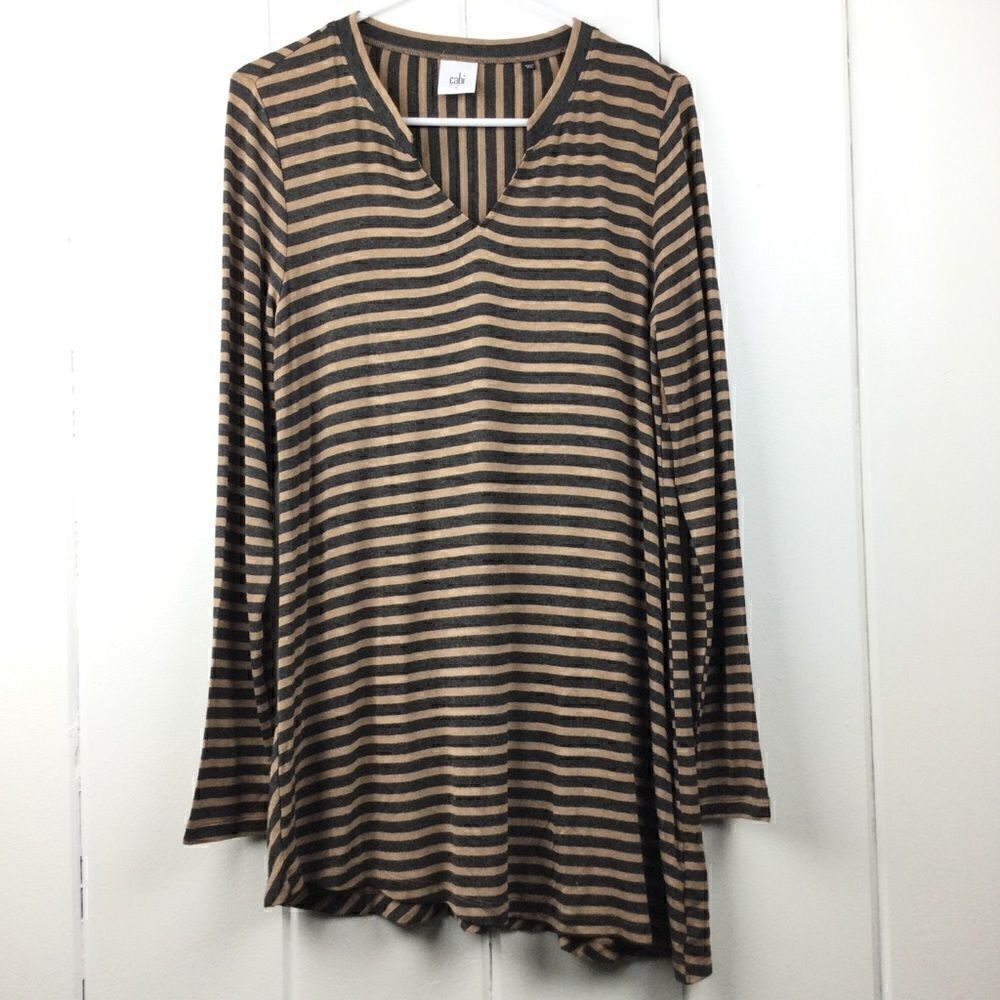 Cabi Striped Tee Tan & Gray Stripes Asymmetrical Hem Tunic, Size Small - Picture 2 of 10